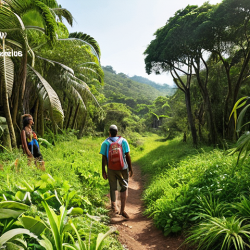 Home 11 A vibrant, community-led eco-tourism program in a nature reserve, showcasing local residents guiding visitors through lush landscapes. Focus on the interaction between people and nature, highlighting sustainable practices and economic benefits for the community.