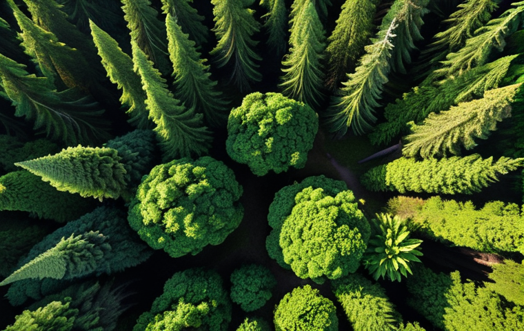 **
A drone's-eye view of a lush forest canopy, showcasing the vibrant greenery and intricate patterns of the ecosystem below. Include details like varying tree heights, textures, and subtle changes in vegetation that a drone's camera can capture. Sunlight dappling through the leaves adds depth and realism.
**